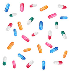 falling colorful transparent capsule with granules