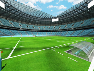 3D render of a round rugby stadium with  sky blue seats and VIP boxes