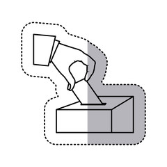 monochrome silhouette sticker with vote in hand and urn vector illustration