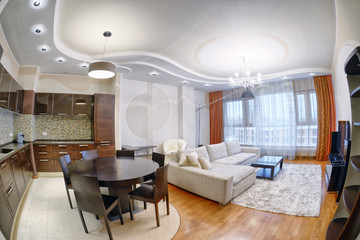 Russia, Moscow region - interior design kitchen - living room in luxury new apartment
