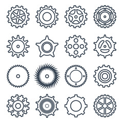Set of outline icons of mechanical gears.