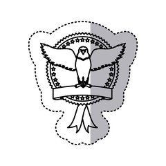 sticker monochrome contour with eagle with open wings in round frame with ribbon vector illustration