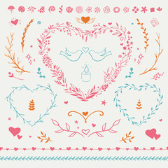 Romantic set of decorations for Valentine's Day. Vector floral elements, wreaths and borders. 