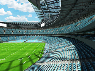 3D render of a round rugby stadium with  sky blue seats and VIP boxes