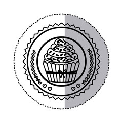black contour silhouette sticker with cupcake round frame vector illustration