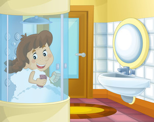 Naklejka premium Cartoon girl in the bathroom - shower cabin - illustration for children