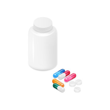 Pill bottle , colorful capsules with granules and tablets