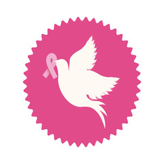 pigeon with ribbon of breast cancer in the peak in round frame vector illustration