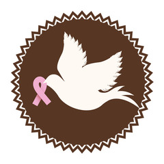 pigeon with ribbon of breast cancer in the peak in brown circle vector illustration