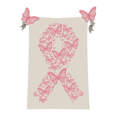 gray background with ribbon pink symbol of breast cancer with butterflys vector illustration