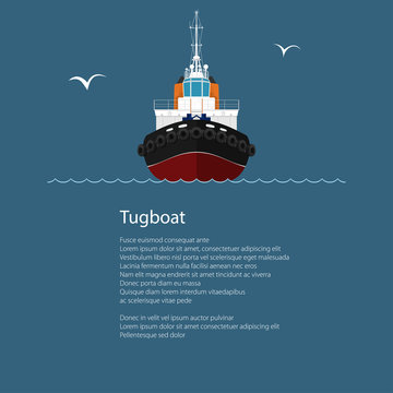 Front View of the Vessel Tugboat and Text, Push Boat, Tow Boat for to Towage and Mooring of Other Courts ,Poster Brochure Flyer Design, Vector Illustration