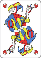 Reversible Joker displayed inside his playing card. He holds a strange scepter with both his hands. Red, yellow, blue and white are the main colours of this illustration.