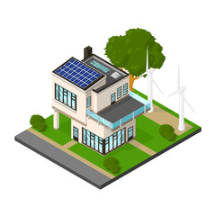 Isometric Luxury Eco House with renewable energy.

Vector illustration of a modern home with solar panels and wind turbines for sustainable power and environmental conservation.