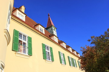 Fototapeta na wymiar Schloss: Viele Fenster mit grünen Fensterladen