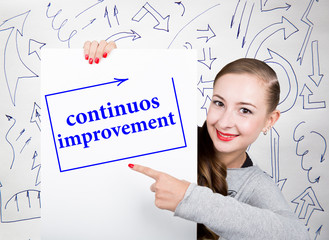 Young woman holding whiteboard with writing word: continuos impruvement. Technology, internet, business and marketing.