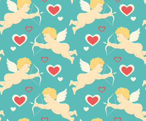 Seamless Festive Love Pattern with Cupid and Hearts on Blue
