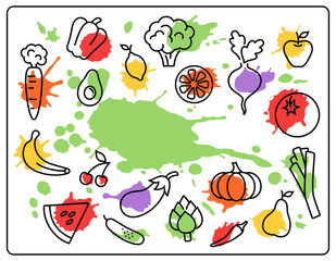 Healthy Food Vegetables and Fruits Bright Blots Icons Isolated o