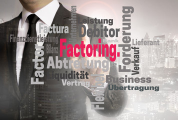 Factoring wordcloud touchscreen wird von Geschäftsmann gezeigt
