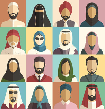 Set Of Muslim Islamic People Faces Avatars Characters Icons