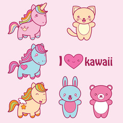 Set collection of cute kawaii style labels.