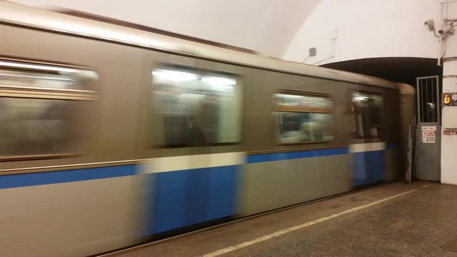 MOSCOW, RUSSIA - FEBRUARY 07, 2017: Passenger train arriving at the station of the Moscow Metro