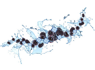 Splash with blackberries isolated on white background. Abstract water with fresh fruits. 