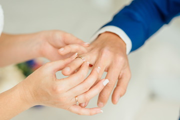 Obraz na płótnie Canvas Closeup of groom placing ring on brides finger on their