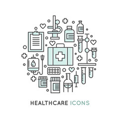 Vector Icon Style Illustration Set of Medical and Healthcare Research  Items, Insurance, MRI, Scan, Check-Up Forms, Blood Testing. Isolated Objects for Medical Poster
