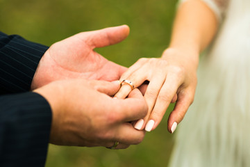 Closeup of groom placing ring on brides finger on their
