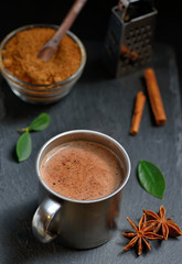 Cup of hot chocolate, cinnamon sticks