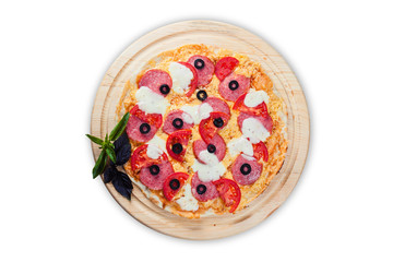 pizza on round wooden plates on a white background