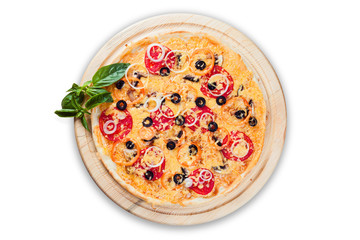 pizza on round wooden plates on a white background