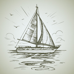 Sailing boat scene vector sketch isolated with reflection. Sea yacht floating on the water surface.