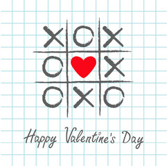 Tic tac toe game with criss cross and red heart sign mark XOXO. Hand drawn pen brush. Doodle line. Happy Valentines day card Flat design. Exercise book White background. Paper sheet.