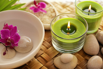 Obraz na płótnie Canvas SPA still life. aromatherapy candle, essential oil and bath products