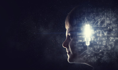 Little guy looking in the darkness . Mixed media