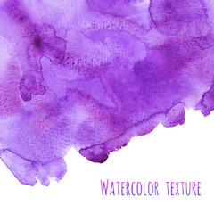 Violet, purple grunge watercolor strokes texture hand paint on white background. Abstract backdrop with stains and splashes. Colorful design illustration. Frame with place for your text or logo.