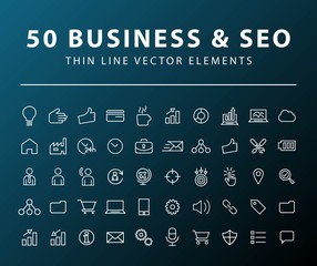 Set of 50 Minimal Thin Line Business and SEO Icons on Dark Background. Isolated Vector Elements