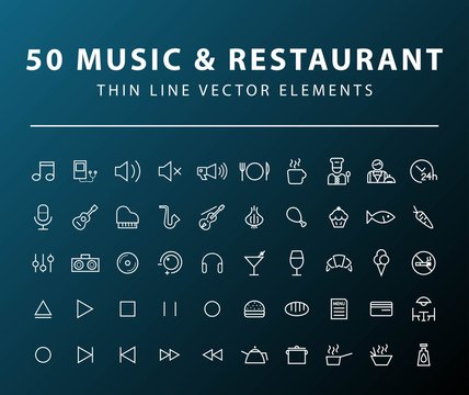Set of 50 Minimal Thin Line Music and Restaurant Icons on Dark Background. Isolated Vector Elements