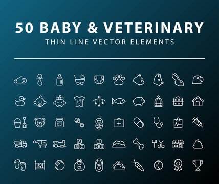 Set of 50 Minimal Thin Line Baby and Veterinary Icons on Dark Background. Isolated Vector Elements
