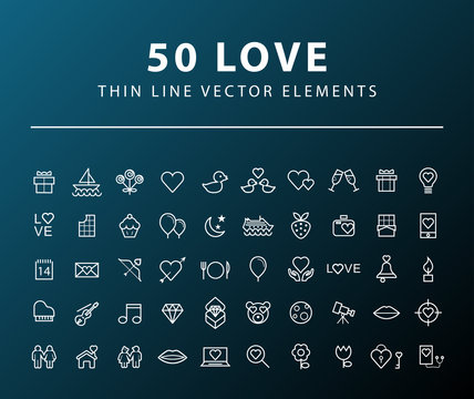 Set of 50 Minimal Valentine's Day Icons on Dark Background. Isolated Vector Elements