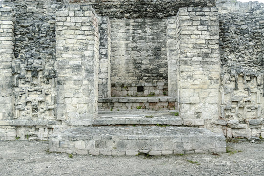 reliefs of a Mayan building in ruins in the archaeological Xpuhil enclosure in the reservation of the Mayan biosphere of Calakmul in campeche, Mexico.