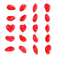 Set of glossy 3d hearts different angled isolated in white