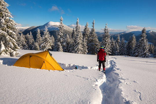 Man, traveler in snowshoes is enjoying stunning views