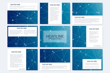 Big set of vector templates for presentation slides. Modern graphic background structure molecule and communication. Scientific pattern atom DNA. Medical, science, chemistry design.