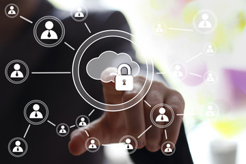 Businessman push button cloud lock network icon online