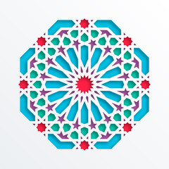 Islamic geometric pattern. Vector 3D muslim mosaic, persian motif. Elegant oriental ornament, traditional arabic art. Mosque decoration element. Colorful mandala for brochures, greeting cards
