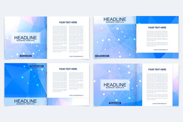 Templates for square brochure. Leaflet cover presentation. Business, science, technology design book layout. Scientific molecule background