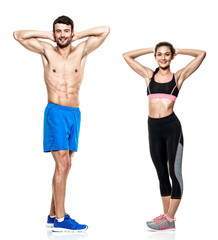 Fototapeta na wymiar one caucasian couple man and woman exercising fitness exercises isolated on white background