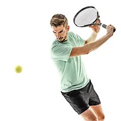  one caucasian  man playing tennis player isolated on white background © snaptitude